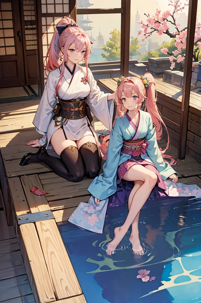 two shot, (2 robot girls), ((masterpiece)), best quality, ultra-detailed, extremely detailed, 4K, 8K, best quality, beautiful, (no bad anatomy), steampunk, watercolor, anime style, dynamic angle, Japanese-style room, 2 cute girls, shrine maiden, beautiful pink hair, beautiful silver eyes, beautiful eyes, ponytail, flowers, Japanese sword, smile, light smile, sparkling effect,--extra legs