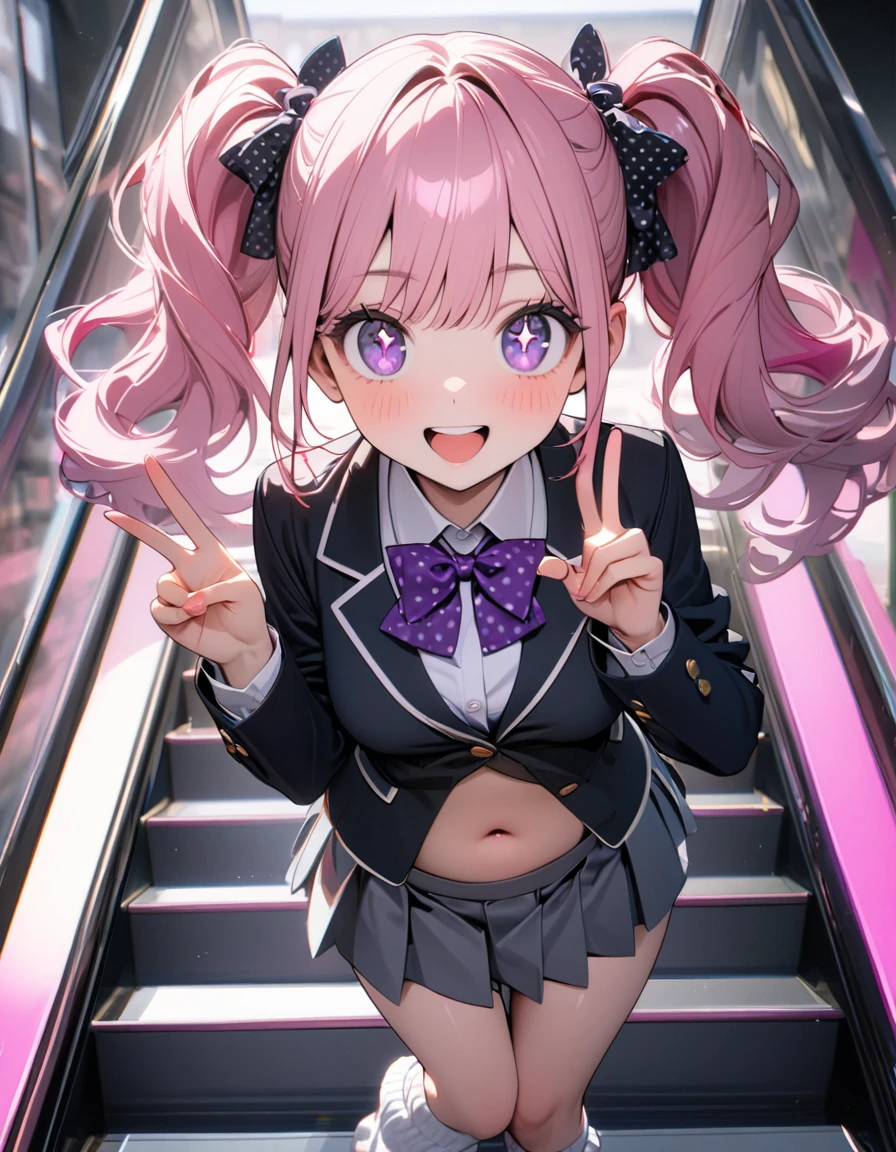 (8K, best quality, master piece: 1.2), super high resolution,1 girl,yo,solo,1ultra-detailed face,detailed eyes,sparkling pupils,Mascara,Bubblegum Pink hair,natural wave hair,twintails,amethyst Eyes,(scrunchie,blazer,Short pleated skirt),(gray:1.5),navel,polka-dot pattern bow tie,happy,medium breasts,((loose socks)),(making a peace sign),リムライト,standing on a down escalator,Look at Viewer