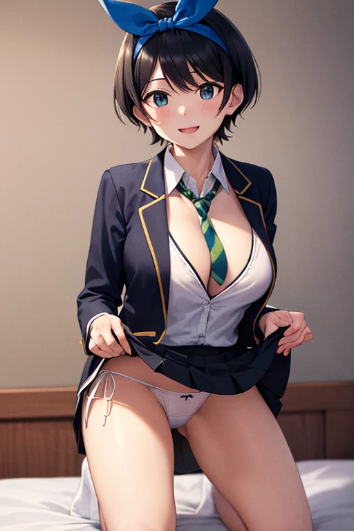 masterpiece, best quality,high resolution、realistic、Detailed、((extremely delicate and beautiful fabric):1.3)、 8k、large boob、 1girl, solo, skirt, jacket, shirt, blue eyes, white shirt, necktie, green necktie, black hair, pleated skirt, socks, diagonal-striped necktie, open jacket, open clothes, striped necktie, collared shirt, black jacket, black skirt, striped, blazer, short hair, long sleeves, bangs, , black socks, diagonal stripes, hairband, hair ribbon, ribbon, blue hairband, dress shirt, bow,  cowboy shot, smile,cleavage、onbed、(skirt lift:1.5)、(side tie white panties:1.5)、(kneeling:1.5)、