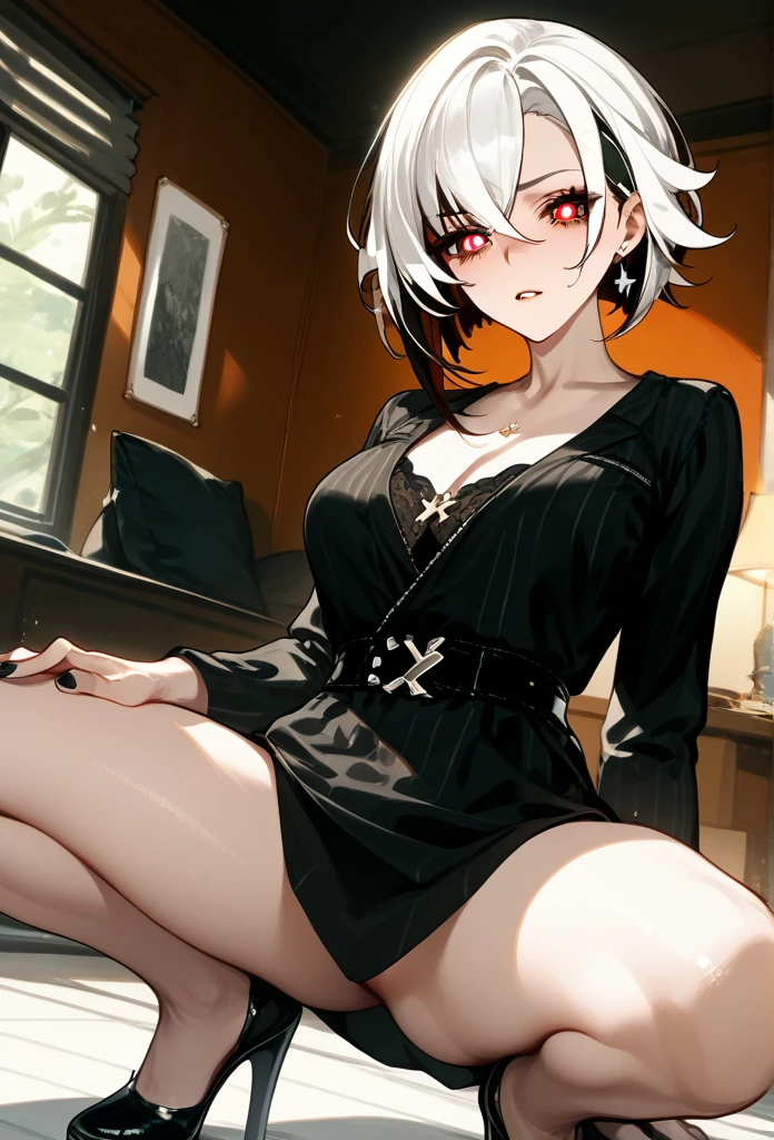 arlecchino, genshin impact, mature woman, mature face, hot face, emotionless face, (red pupils, X shaped pupils), sharp eyes, (cool beauty), white hair, mature body, dominant, living room, crouching, spreading legs