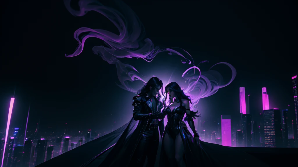 prince of darkness dancing with a beautiful sultry female on top of a skyscraper overlooking a city, that's glowing in the darkness, cyberpunk futuristic city, neon colors, high detail, long shot, wide shot, 4K, 3D, REALISTIC, (iridescent glow smoke), UHD, 32K, very bold neon colors, black light, neon light
