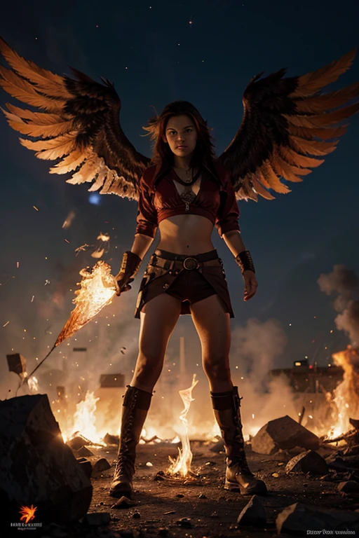 Photorealistic,a girl, combination devil and angel, standing on a cloud,