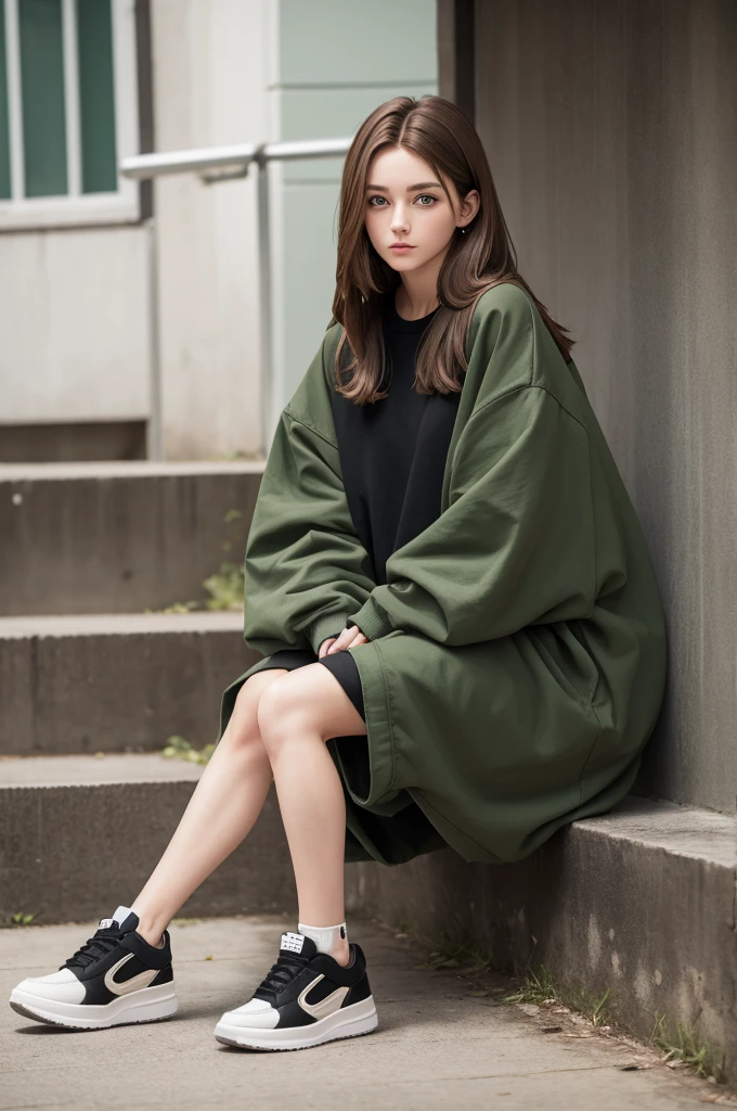 with green eyes, brown hair wearing baggy clothes and black sneakers