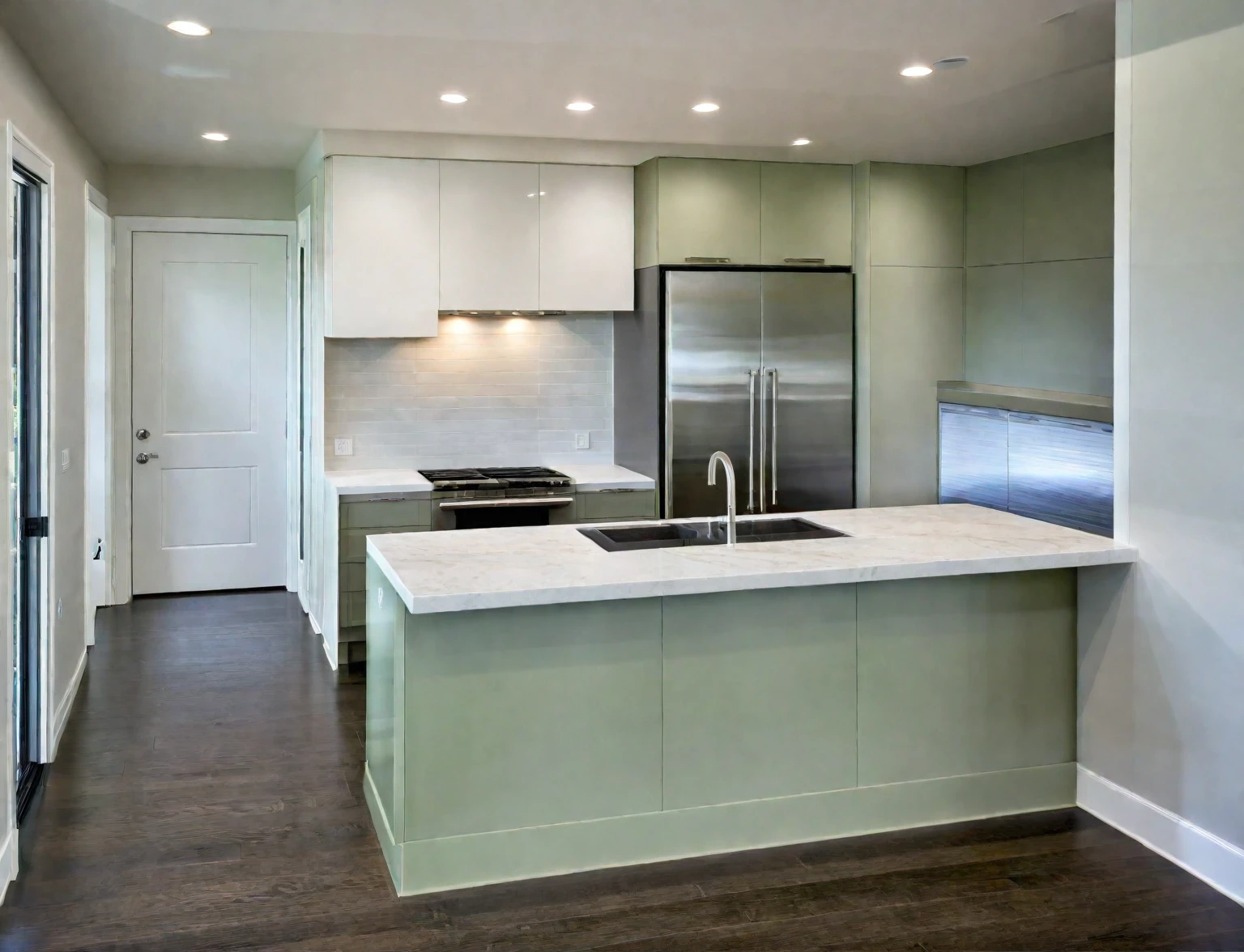 Modern kitchen, kitchen, sleek design, clean lines, stainless steel appliances, polished quartz countertops, light army green and legato silk cabinetry, large island, bar stools, timber floor, pendant lights, natural light, bright and inviting