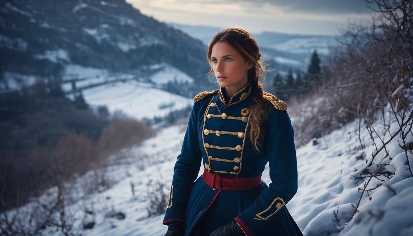 Illustrate Napoleon's beautiful female soldier hiding in a bush on top of snowy hill landscapes, struggling against the harsh winter conditions, background dark, hyper realistic, ultra detailed hyper realistic, photorealistic, Studio Lighting, reflections, dynamic pose, Cinematic, Color Grading, Photography, Shot on 50mm lens, Ultra-Wide Angle, Depth of Field, hyper-detailed, beautifully color, 8k