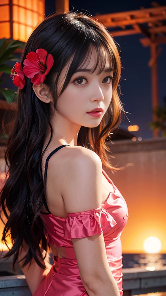 1 female,Hibiscus and Water Drop Moon,Neon glow, Random Background, sunrise, Boca mood