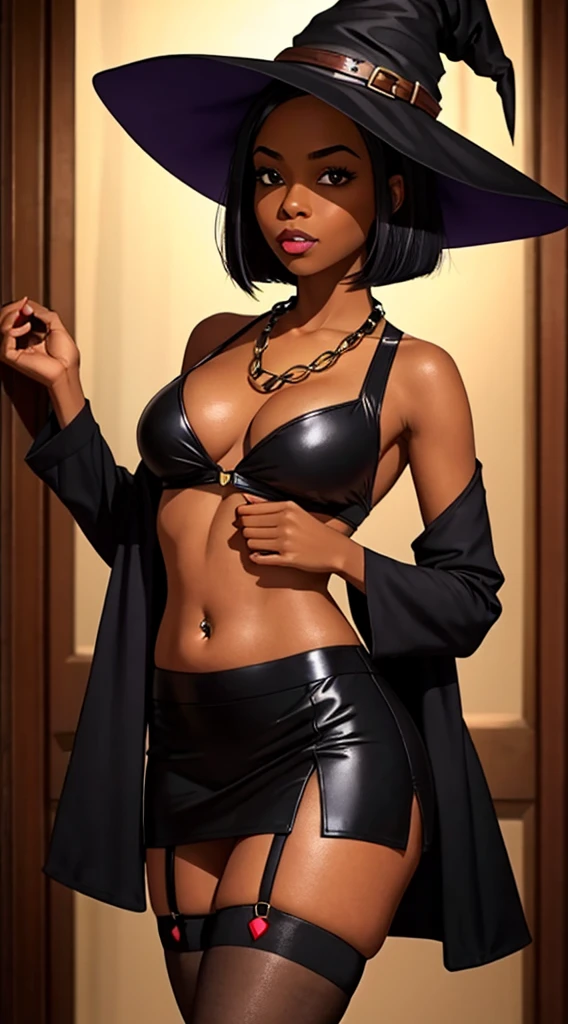 darkskin, Bob Cut, necklase, with a witch's hat, sexy witch outfit, tummy, flashing black mini skirt, Stockings