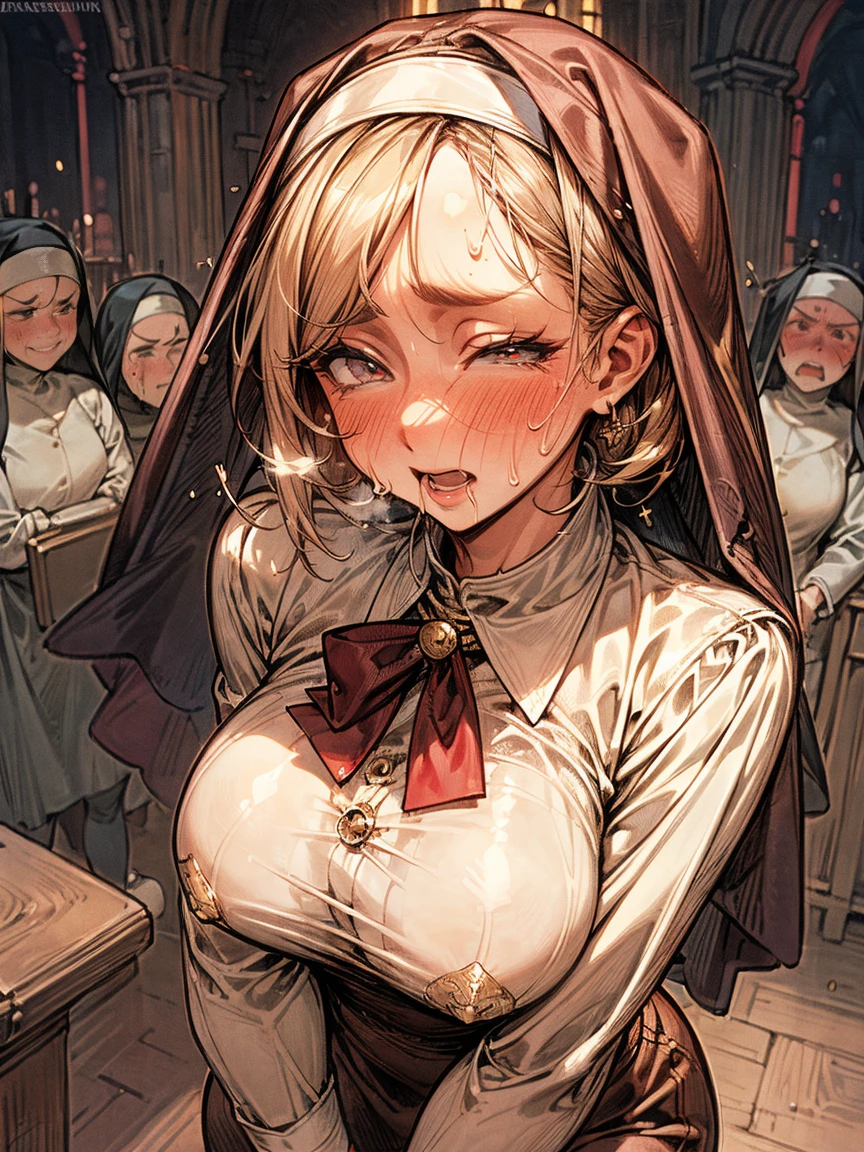 ((Mature Woman)),(milf),((best quality)),(()),(Squint eyes:1.3),(tears:1.2)(sweat:1.2),(embarrassing,blush:1.3),((nun)),red eyes,at churchw!(button-down),Gold decoration,(latex wearing:0.8)