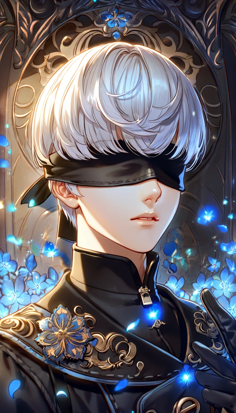 absurdres, highres, ultra detailed, HDR, master piece, best quality, 9S, white hair, with bangs, blindfolded eyes, Nier Automata, solo, sexy man, handsome, black clothes, black gloves, fantasy, purple moon, purple flowers, purple blossoms, purple petals, fireflies