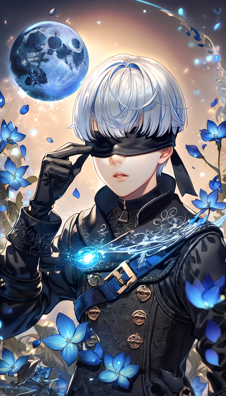 Ultra detailed, highres, absurdres, HDR, master piece, 9S, white hair with bangs, blindfolded eyes, black clothes, black gloves, Nier Automata, blue petals, sexy man, solo, best quality, blue blossoms, blue shining fireflies, fantasy, magical, handsome, blue moon, blue flowers, magic