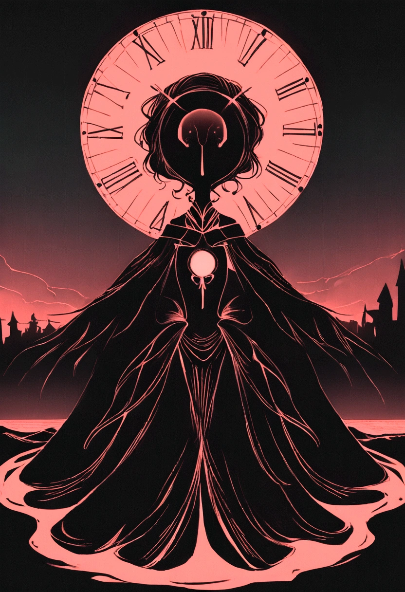 faceless, female cosmic being with a body of white marble and a red dress, surrounded by dark green fog and a halo of red light clock in the background+Concept artwork Hugo Pratt+ Fusion in MC Escher style,Anime 80s Aesthetic ,ink drawing, tumblr, Terror80s ,conceptual art, 4K Digital Art, Lovecraft,Dramatic lights, Perfectionist models,dark tones,Melancholic art, Print on red Bristol paper -- Air: 4:5