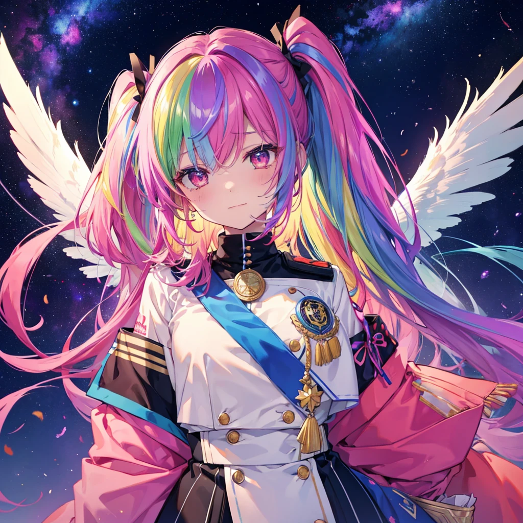 ((Archangel Fantasy Rainbow Hair Make your hair rainbow-colored on the inside Twin tails Dull red eyes There is a galaxy uniform Put on a coat without putting your arms through it Wings many times larger than mine rainbow gradient feathers Lonely Smiling Kindly front)) ((tears gloves)) (Broken glass Rolling Pebble star) Catch the wind milky way Shining Background Particles of light, rainbow colored edges star