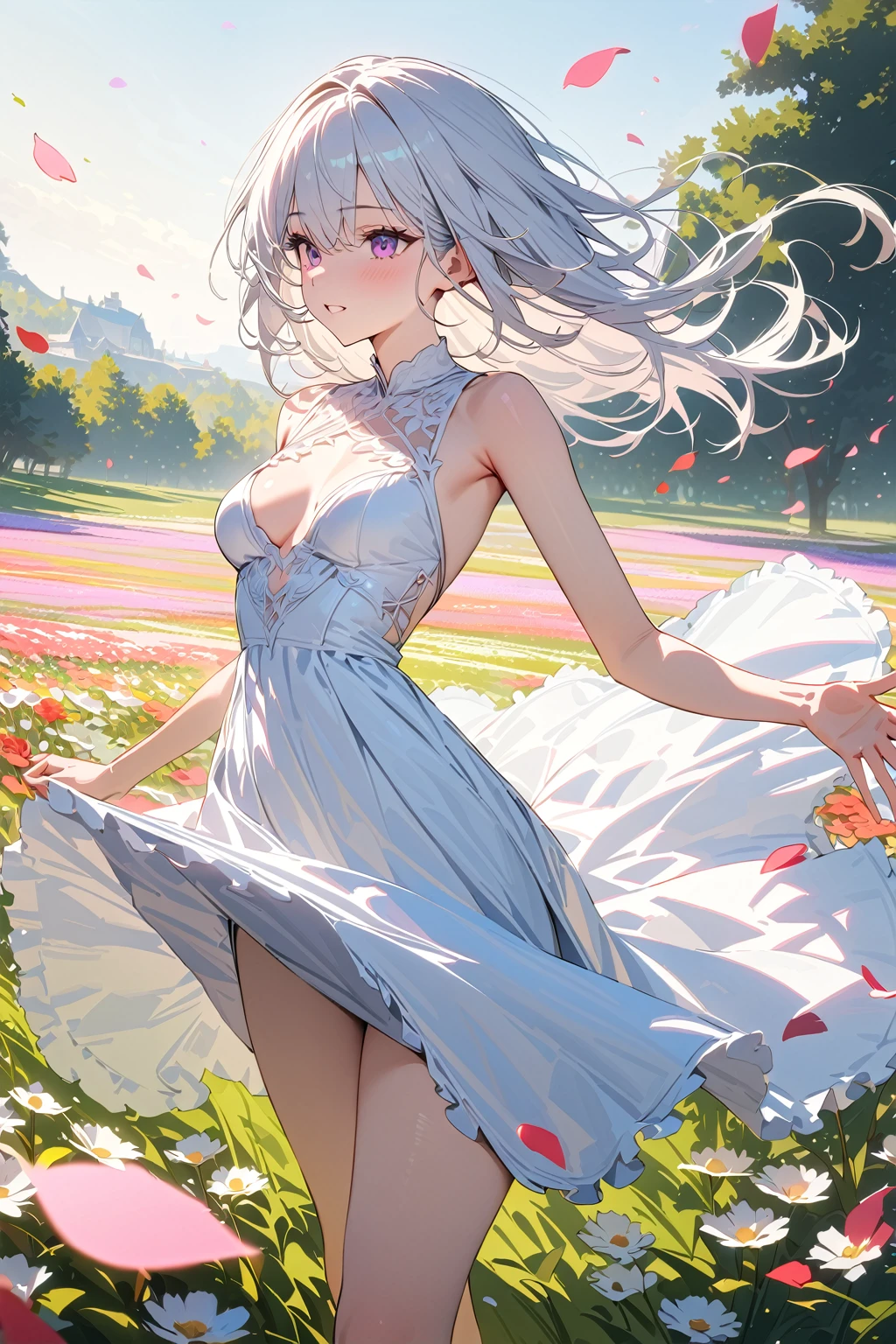 (masterpiece, best quality:1.5), (ultra detailed, high resolution, 8k, beautiful detailed, UHD, best anatomy), white hair, flat breasts, 1 , knee-length dress, Flower fields spread over meadows, got his hands outstretched, Petals are dancing in the wind
