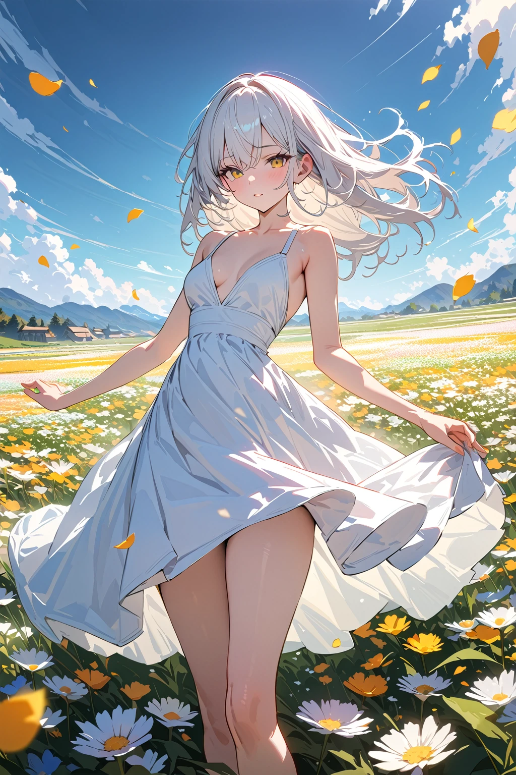 (masterpiece, best quality:1.5), (ultra detailed, high resolution, 8k, beautiful detailed, UHD, best anatomy), white hair, flat breasts, 1 , knee-length dress, Flower fields spread over meadows, got his hands outstretched, Petals are dancing in the wind