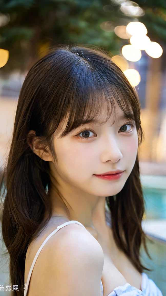（8k、live-action、Raw photo、highest quality、masterpiece：1.2),(Outdoors,Pool,Front lighting:1.2),((Perfect lighting)),(Twin tails),Watching the audience,Looking up,Sexy pose, strong,Erotic,18-year-old,student,White skin,knees,Absurd,Small Face,Part the front hair from the center、The forehead is visible,(Be embarrassed,Tight eyes,Glare,strong,skinny,skinny,get annoyed)、masterpiece,highest quality、超A high resolution,one person, solo,Close-up shot、cute、Back to Students,(towel fabric bikini:1.3),High school girl,Japanese women,standing,（Photoreal：1.37）、Photon Mapping,Realistic、cuteSmall Face,Brown eyes、prospect、Depth of written boundary、Blurred Background、Real,(I can see the front hair), hair, I can see the knees, thigh,(Nogizaka Idol), actress、Big and ample breasts、Cleavage、Super fine、Low people、(Skin with visible pores:1.2)、(Focus on the face)、8 heads、Natural neck、Check and correct the skeleton