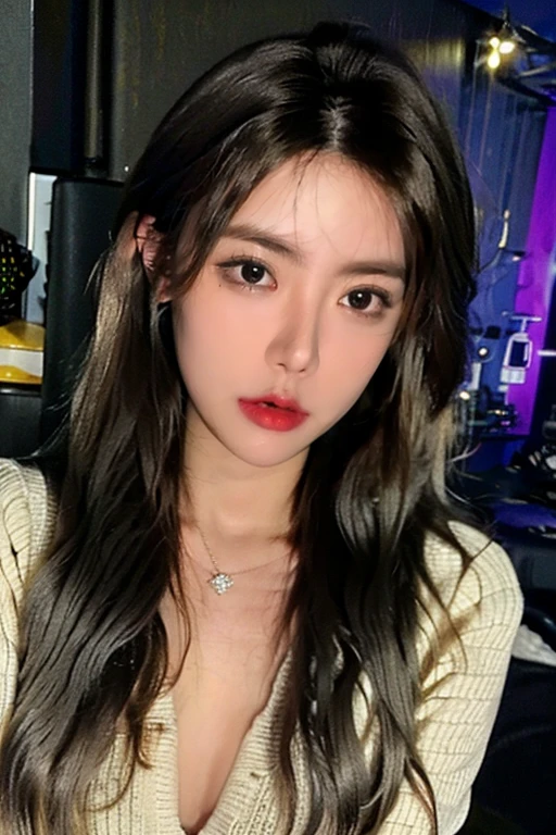 masterpiece,8K,High-definition quality,An eighteen-year-old woman,She is as beautiful as a fairy,Exquisite makeup,Mysterious and cute,Black long hair,Wearing a cardigan sweater,The upper body is bulging,Wide neckline,Enticing viewers to give tips,Sitting in a gaming chair,The background is at home,Studio