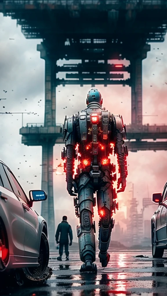 A asian beautiful giant robot, with red details, walking in a bridge, many abandoned cars, post apocalyptic scene. The illustration is in high definition at 4k resolution, with highly-detailed  features and cinema-style visuals. Animation 3d style, hyper realistic, 60mpx, cold cinematic illumination, high steel textures, many reflects in your body. Wide view, aerea view