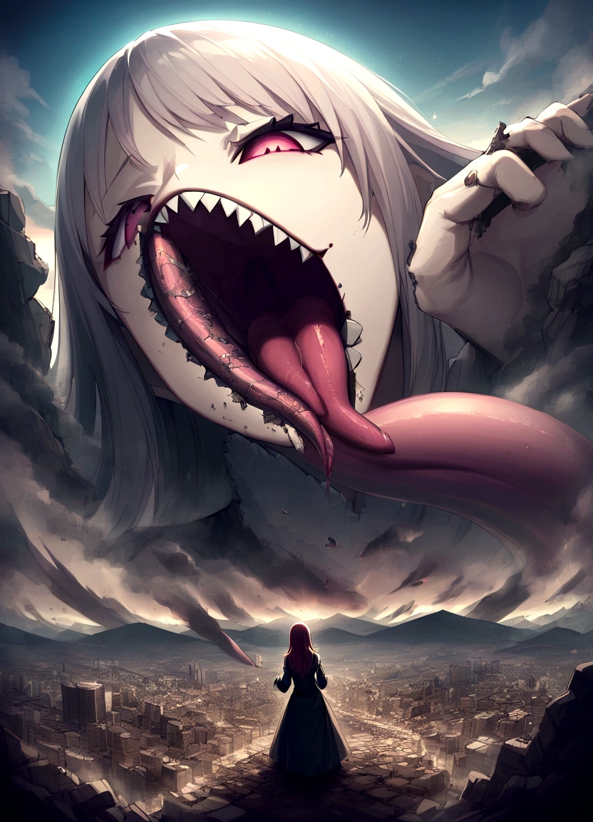 giantess、Giantess、Destroyed cityscape seen in the distance、rubble、Mountains in the distance々、smile、Scary face、Horror、Open your mouth、Sticking out tongue、Sharp teeth、Long Tongue、A giant face looks down、A devastating world