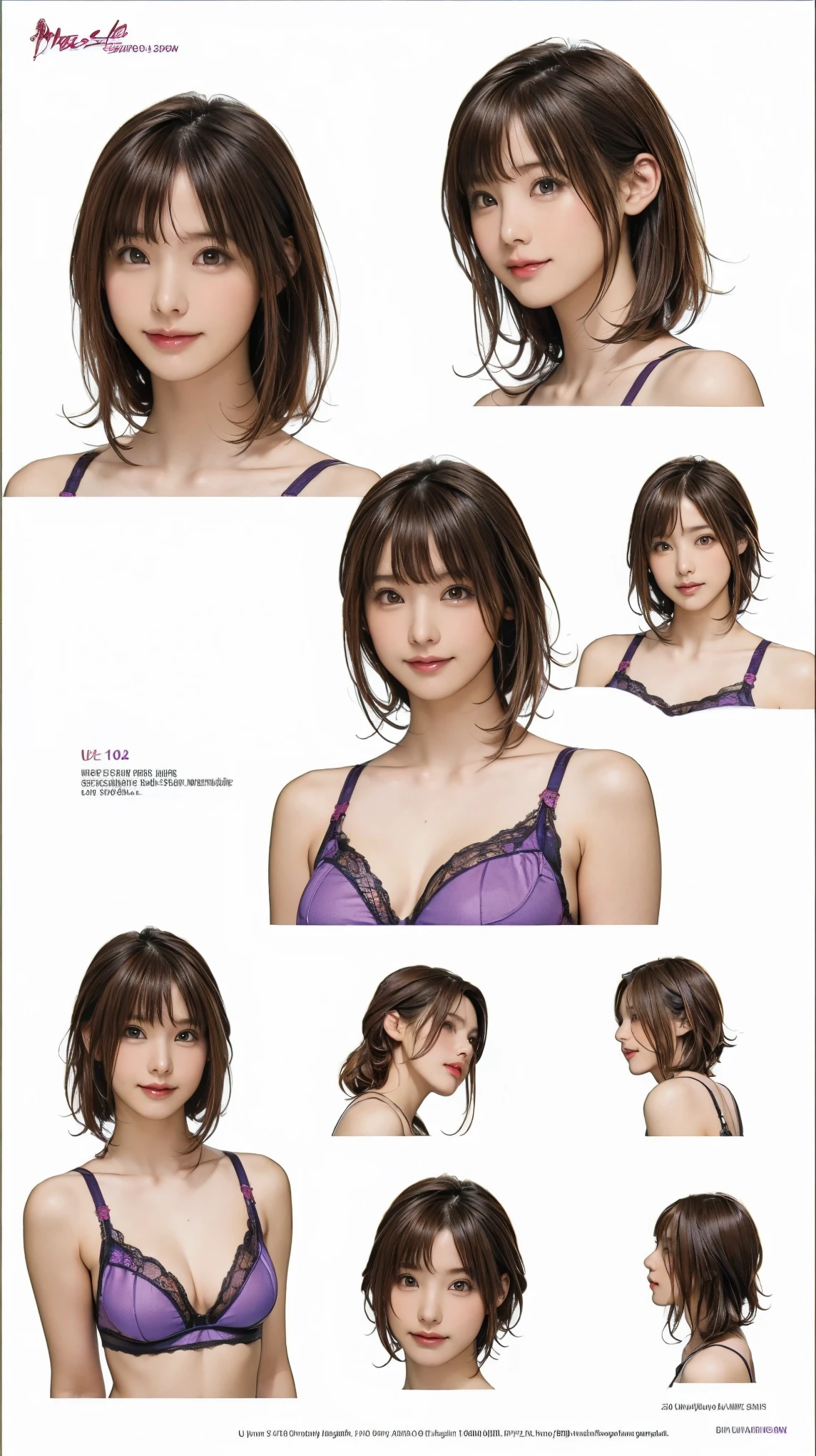 10:24:23
((masterpiece)),(((Highest quality))),((Reference Sheet, Character Design)), Highest quality,masterpiece,Ultra-high resolution,Original photo,Ultra-high resolution,Three beautiful women,Flashy makeup using red eyeshadow,Big smile,Short cut with side waves,Wearing purple lace bra and panties,