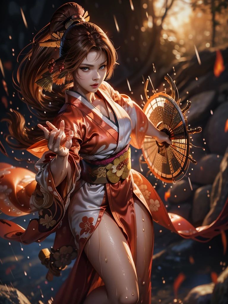 (exquisitely detailed CG unity 8k wallpaper, masterpiece-quality with stunning realism), (best illumination, best shadow), (best quality), (elegant style:1.2), Arti modern anime. angled view, heroic pose, (cel-shading style:1.3), centered image, ultra detailed closeup portrait of (Mai Shiranui:1) from (King of Fighters), best quality, expressive eyes, perfect face, highres, (ultra details), 1 girl, solo, (brown hair:1), hair ornament, eyeshadow, (gold, white and mainly red qipao:1), highly ornamented, (in Tokyo City:1), portrait, looking at the viewer, piercing eyes, full body, (light from the angle:1) (wind blowing:1.2).(depth of field effects:1.3) (motion action:1.2) (closeup:1.2) (motion blur effects:1), Thin to transparent,see-through, (((Soggy-kimono:1.2))),Lace fabric, (((water-immersed body: 0.9))), jewellery, (holding an oriental fan on fire:1.1), (asian face:1), nail polish, makeup , (fighting attack pose:1.2), (spinning turning around:1), (clothing on fire with flames:1), (closeup view:1)