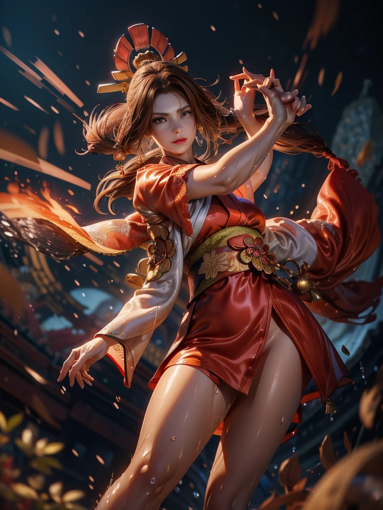(exquisitely detailed CG unity 8k wallpaper, masterpiece-quality with stunning realism), (best illumination, best shadow), (best quality), (elegant style:1.2), Arti modern anime. angled view, heroic pose, (cel-shading style:1.3), centered image, ultra detailed closeup portrait of (Mai Shiranui:1) from (King of Fighters), best quality, expressive eyes, perfect face, highres, (ultra details), 1 girl, solo, (brown hair:1), hair ornament, eyeshadow, (gold, white and mainly red qipao:1), highly ornamented, (in Tokyo City:1), portrait, looking at the viewer, piercing eyes, full body, (light from the angle:1) (wind blowing:1.2).(depth of field effects:1.3) (motion action:1.2) (closeup:1.2) (motion blur effects:1), Thin to transparent,see-through, (((Soggy-kimono:1.2))),Lace fabric, (((water-immersed body: 0.9))), jewellery, (holding an oriental fan on fire:1.1), (asian face:1), nail polish, makeup , (fighting attack pose:1.2), (spinning turning around:1), (clothing on fire with flames:1), (closeup view:1)