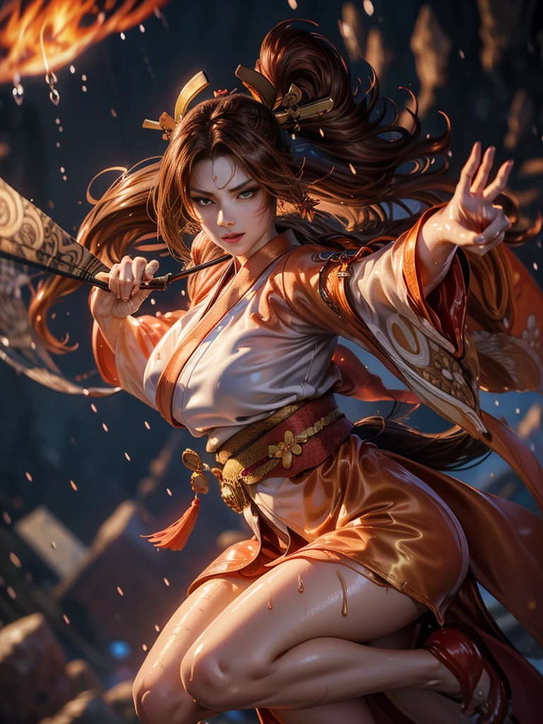 (exquisitely detailed CG unity 8k wallpaper, masterpiece-quality with stunning realism), (best illumination, best shadow), (best quality), (elegant style:1.2), Arti modern anime. angled view, heroic pose, (cel-shading style:1.3), centered image, ultra detailed closeup portrait of (Mai Shiranui:1) from (King of Fighters), best quality, expressive eyes, perfect face, highres, (ultra details), 1 girl, solo, (brown hair:1), hair ornament, eyeshadow, (gold, white and mainly red qipao:1), highly ornamented, (in Tokyo City:1), portrait, looking at the viewer, piercing eyes, full body, (light from the angle:1) (wind blowing:1.2).(depth of field effects:1.3) (motion action:1.2) (closeup:1.2) (motion blur effects:1), Thin to transparent,see-through, (((Soggy-kimono:1.2))),Lace fabric, (((water-immersed body: 0.9))), jewellery, (holding an oriental fan on fire:1.1), (asian face:1), nail polish, makeup , (fighting attack pose:1.2), (spinning turning around:1), (clothing on fire with flames:1), (closeup view:1)