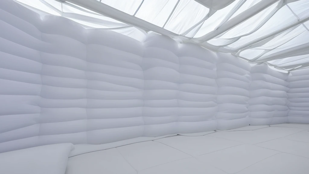 A wall composed of inflatable blocks，Front view，Realistic of a inflatable installation in the shape, white inflatable plastic film material, wrapped in a white polyester sheet. close-up，，minimalist, most best quality,32K Ultra HD, super detail, best quality, highres, high details，Top view
