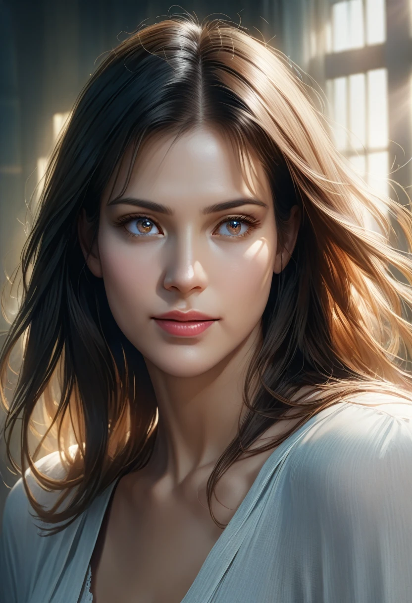 A woman with a dreamy expression, skin glistening with oil, wearing a simple, white dress, hair flowing in the wind, soft, ethereal lighting, beautiful detailed eyes, beautiful detailed lips, extremely detailed eyes and face, long eyelashes, (best quality, 4k, 8k, highres, masterpiece:1.2), ultra-detailed, (realistic, photorealistic, photo-realistic:1.37), soft lighting, professional, sharp focus