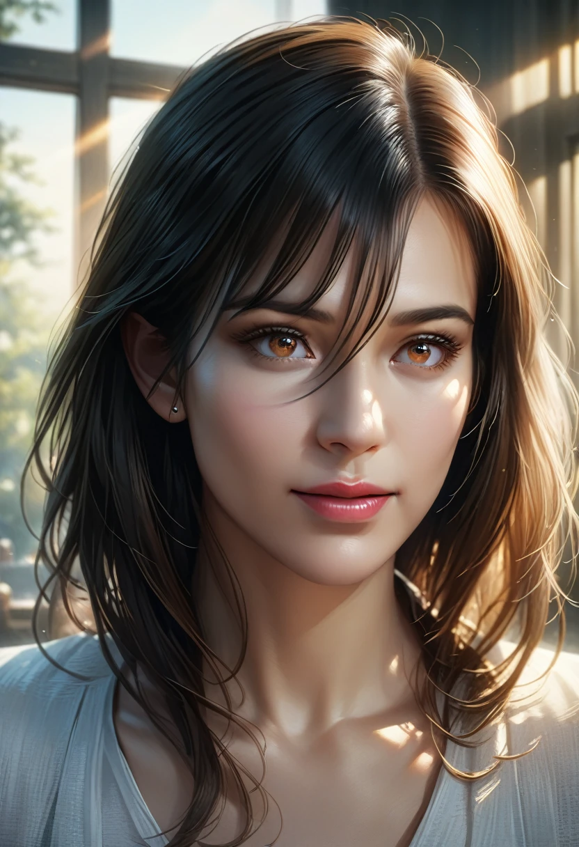 A woman with a dreamy expression, skin glistening with oil, wearing a simple, white dress, hair flowing in the wind, soft, ethereal lighting, beautiful detailed eyes, beautiful detailed lips, extremely detailed eyes and face, long eyelashes, (best quality, 4k, 8k, highres, masterpiece:1.2), ultra-detailed, (realistic, photorealistic, photo-realistic:1.37), soft lighting, professional, sharp focus