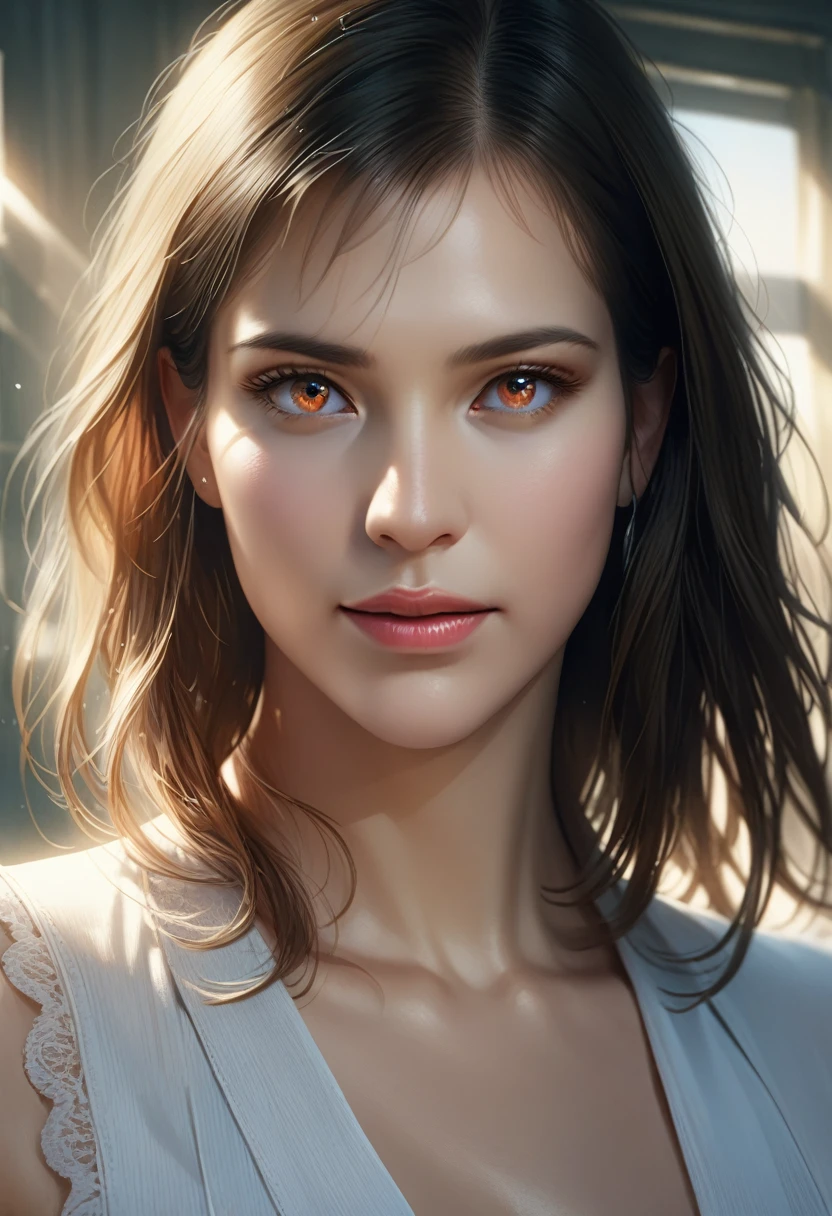 A woman with a dreamy expression, skin glistening with oil, wearing a simple, white dress, hair flowing in the wind, soft, ethereal lighting, beautiful detailed eyes, beautiful detailed lips, extremely detailed eyes and face, long eyelashes, (best quality, 4k, 8k, highres, masterpiece:1.2), ultra-detailed, (realistic, photorealistic, photo-realistic:1.37), soft lighting, professional, sharp focus