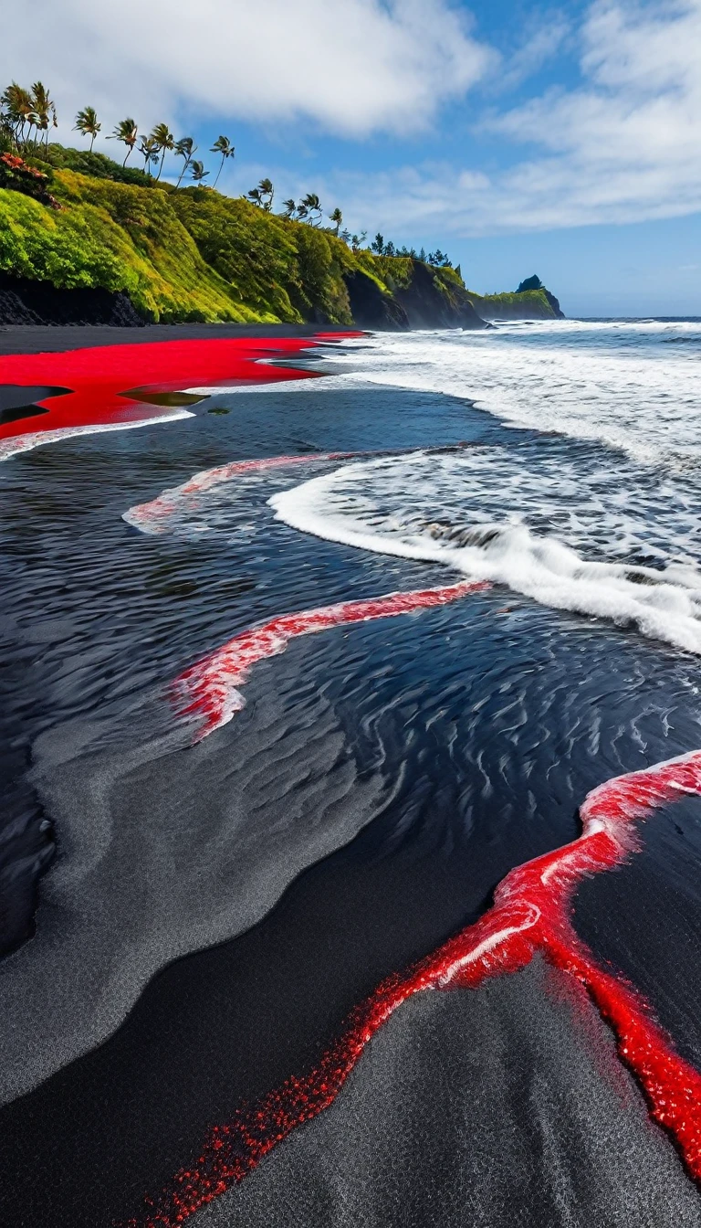 Black sand beach,Red Wave