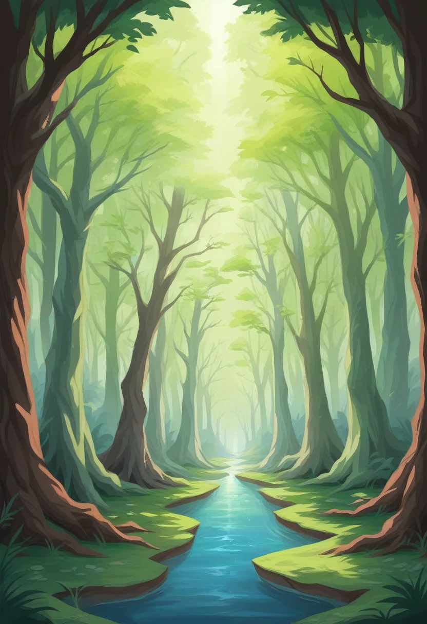 A mystical grotto deep in the forest, surrounded by towering, ancient trees with twisted branches that cascade over the entire scene. The trees have an eerie, otherworldly appearance, their bark covered in glowing, bioluminescent moss. The entrance to the grotto is partially obscured by hanging vines and thick foliage. Soft, ethereal light filters through the canopy, casting dappled shadows on the forest floor. Inside the grotto, a small, crystal-clear pool reflects the vibrant greens and blues of the surrounding vegetation. The atmosphere is mysterious and enchanting, evoking a sense of hidden magic and ancient secrets.