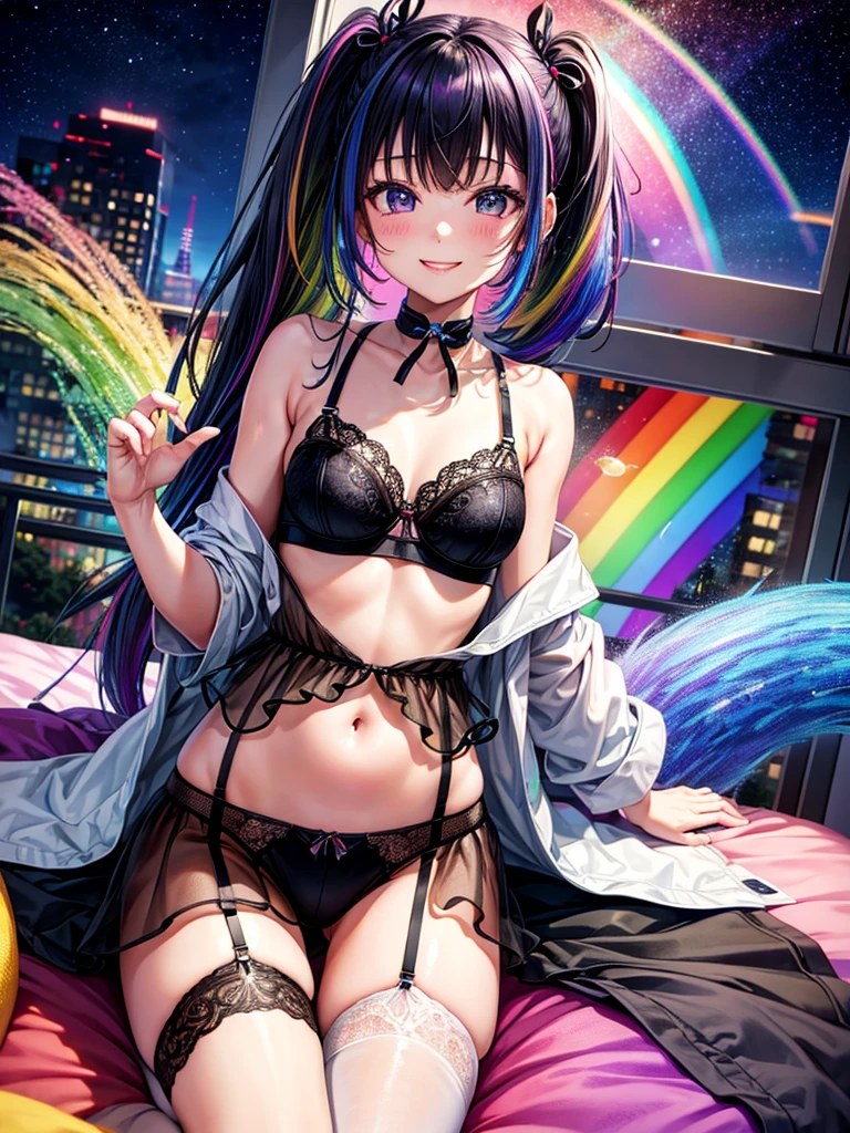 Highest quality,Highest Resolution,４K quality,Rainbow city night view outside large window in modern bedroom((Rainbow colors))の下着着用のsmileの女性の横顔,Jet black ponytail,Dark room,((Rainbow colors))Sexy lingerie,Many water drops on the window,garter belt,High leg,Rainbow colorsの下着,Knee-high stockings,smile,Landscape,Colorful eyeballs,Small bra,