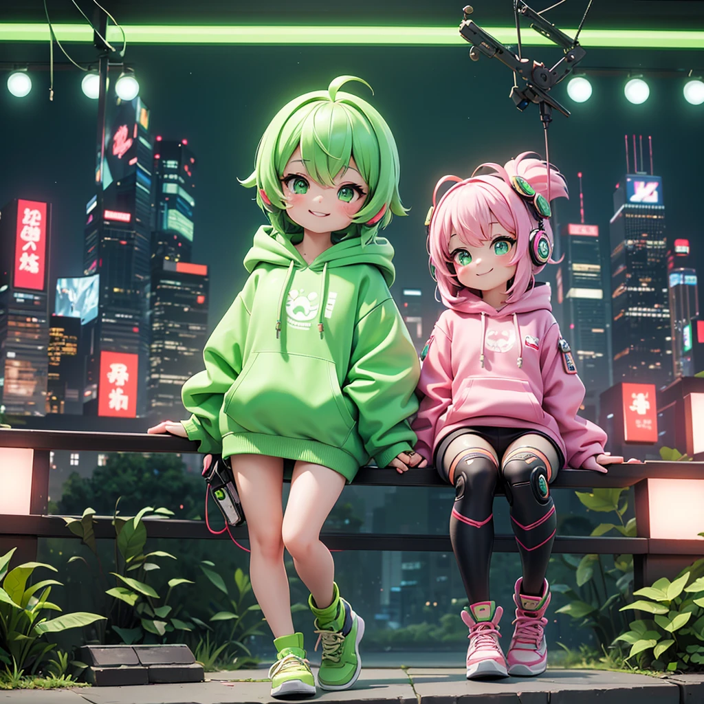 Hand holding cherries. (Supersonic Cyberpunk), (green), (Cute cartoon, Cute cartoonAF. | A masterpiece with a maximum resolution of 16K. | (Cute cartoonスタイル). | Front view (Lonely person, charm) , (wide々Meditate in a tranquil Japanese garden), ( wear a stylish hoodie), ((Mechanical Cyberpunk)). |(((A kind smile, Looking at the audience))), (bright green eyes).