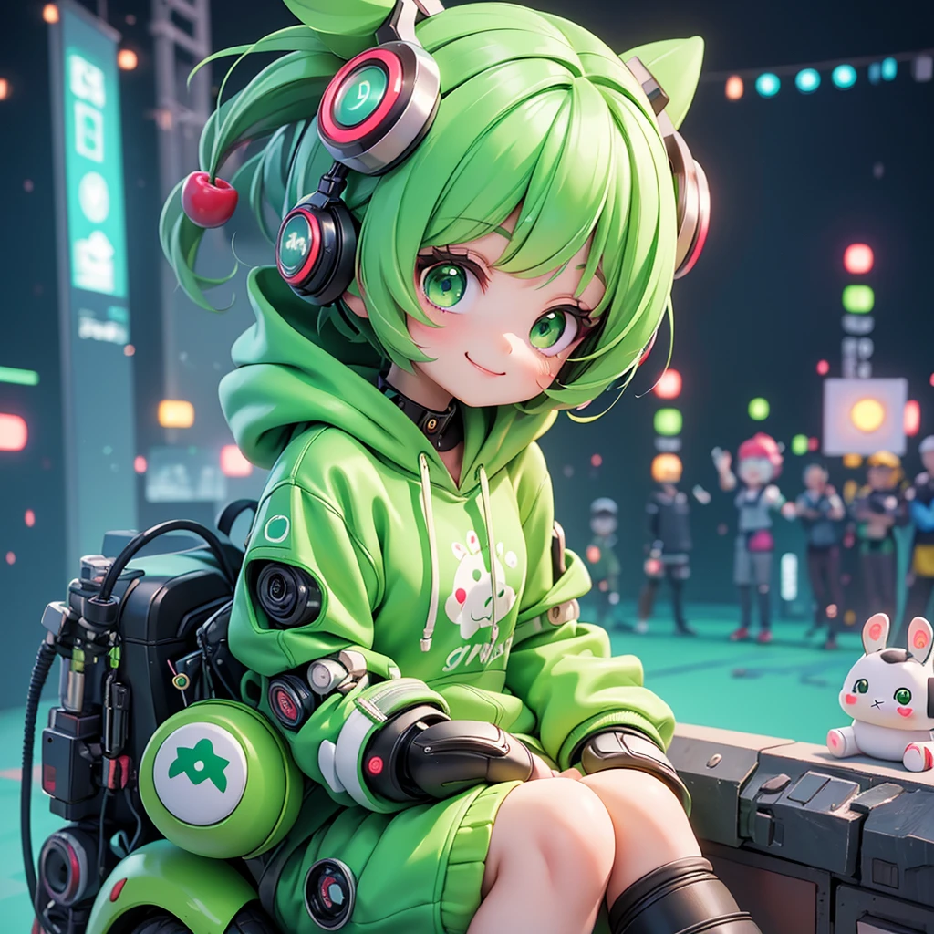 Hand holding cherries. (Supersonic Cyberpunk), (green), (Cute cartoon, Cute cartoonAF. | A masterpiece with a maximum resolution of 16K. | (Cute cartoonスタイル). | Front view (Lonely person, Charm) , (Wide々Meditate in a tranquil Japanese garden), ( Wear a stylish hoodie), ((Mechanical Cyberpunk)). |(((A kind smile, Looking at the audience))), (bright green eyes).