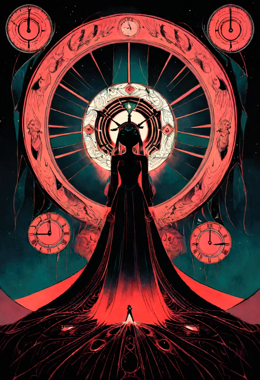 faceless, female cosmic being with a body of white marble and a red dress, surrounded by dark green fog and a halo of red light clock in the background+Concept artwork Hugo Pratt+ Fusion in MC Escher style,Anime 80s Aesthetic ,ink drawing, tumblr, Terror80s ,conceptual art, 4K Digital Art, Lovecraft,Dramatic lights, Perfectionist models,dark tones,Melancholic art, Print on red Bristol paper -- Air: 4:5