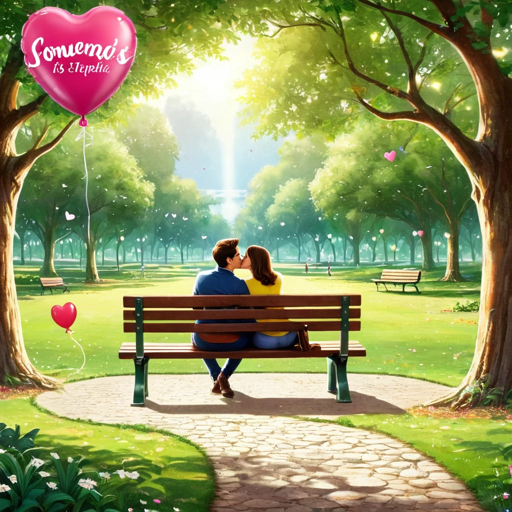 A romantic illustration featuring a couple sitting on a park bench, sharing a tender kiss. The couple is dressed casually in matching outfits. The background showcases a serene park scene with trees and a pathway leading into the distance. The couple holds hands, and beside them on the bench is a heart-shaped balloon with the text '50 kisses' written on it, along with a small gift box and a picnic basket on the ground