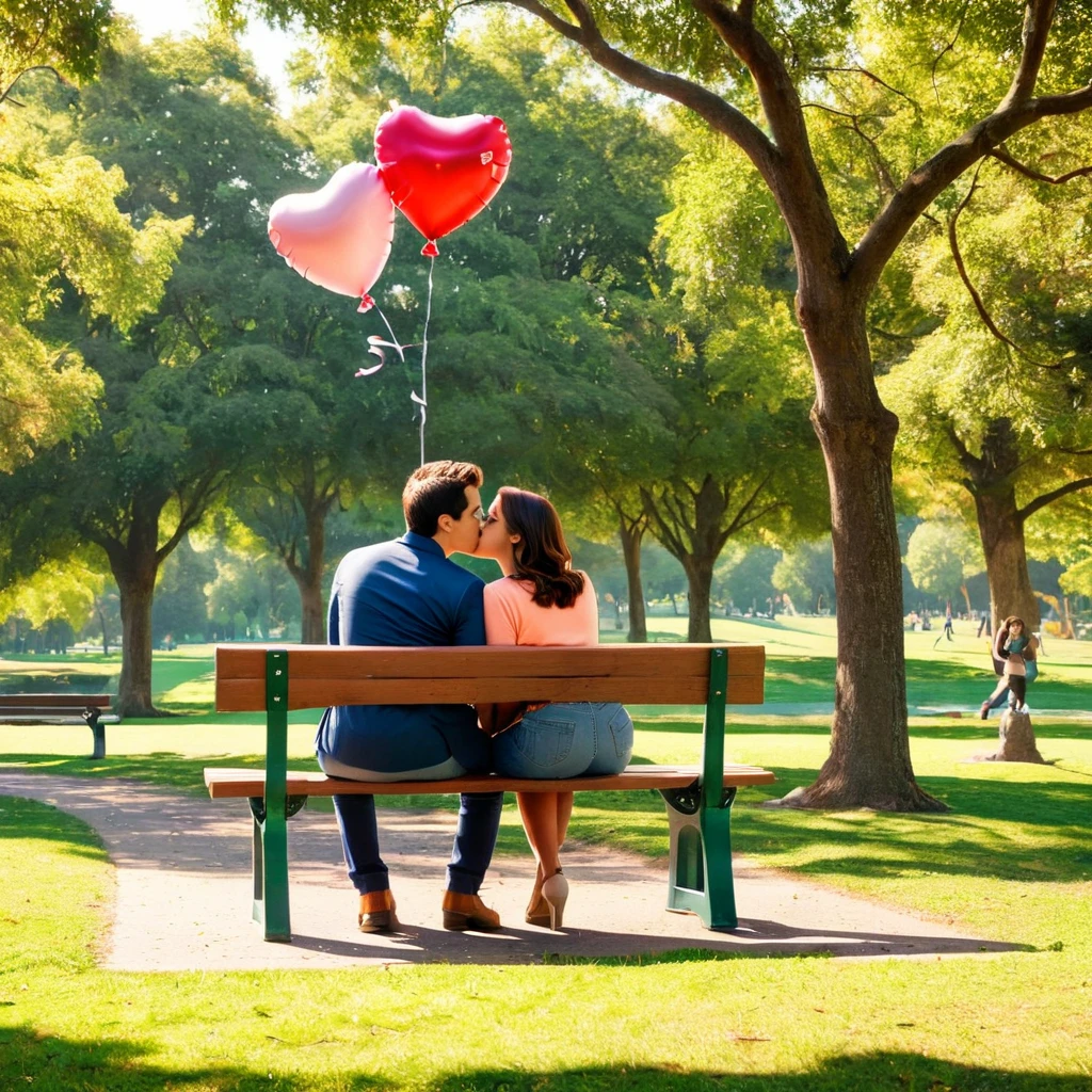 A romantic illustration featuring a couple sitting on a park bench, sharing a tender kiss. The couple is dressed casually in matching outfits. The background showcases a serene park scene with trees and a pathway leading into the distance. The couple holds hands, and beside them on the bench is a heart-shaped balloon with the text '50 kisses' written on it, along with a small gift box and a picnic basket on the ground