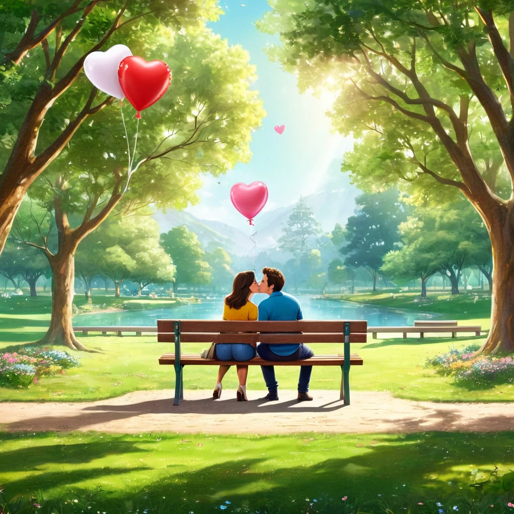 A romantic illustration featuring a couple sitting on a park bench, sharing a tender kiss. The couple is dressed casually in matching outfits. The background showcases a serene park scene with trees and a pathway leading into the distance. The couple holds hands, and beside them on the bench is a heart-shaped balloon with the text '50 kisses' written on it, along with a small gift box and a picnic basket on the ground