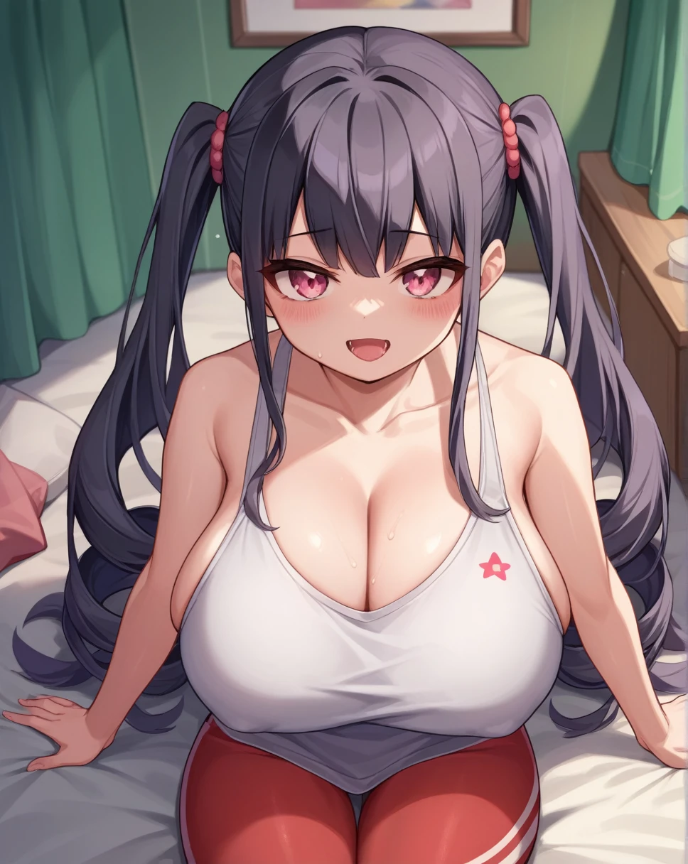 deaver, by deaver, black hair, female, twin drills, solo, smol, pink eyes, massive breasts, oppai loli, very long hair, wear plain black open cut tight tank top and red leggings, masterpiece, ultra high quality, masterpiece, best quality, highly detailed background, cinematic lighting, detailed eyes, perfect face,, lazy, teenager room, messy, bedroom, bed sheet, closet,