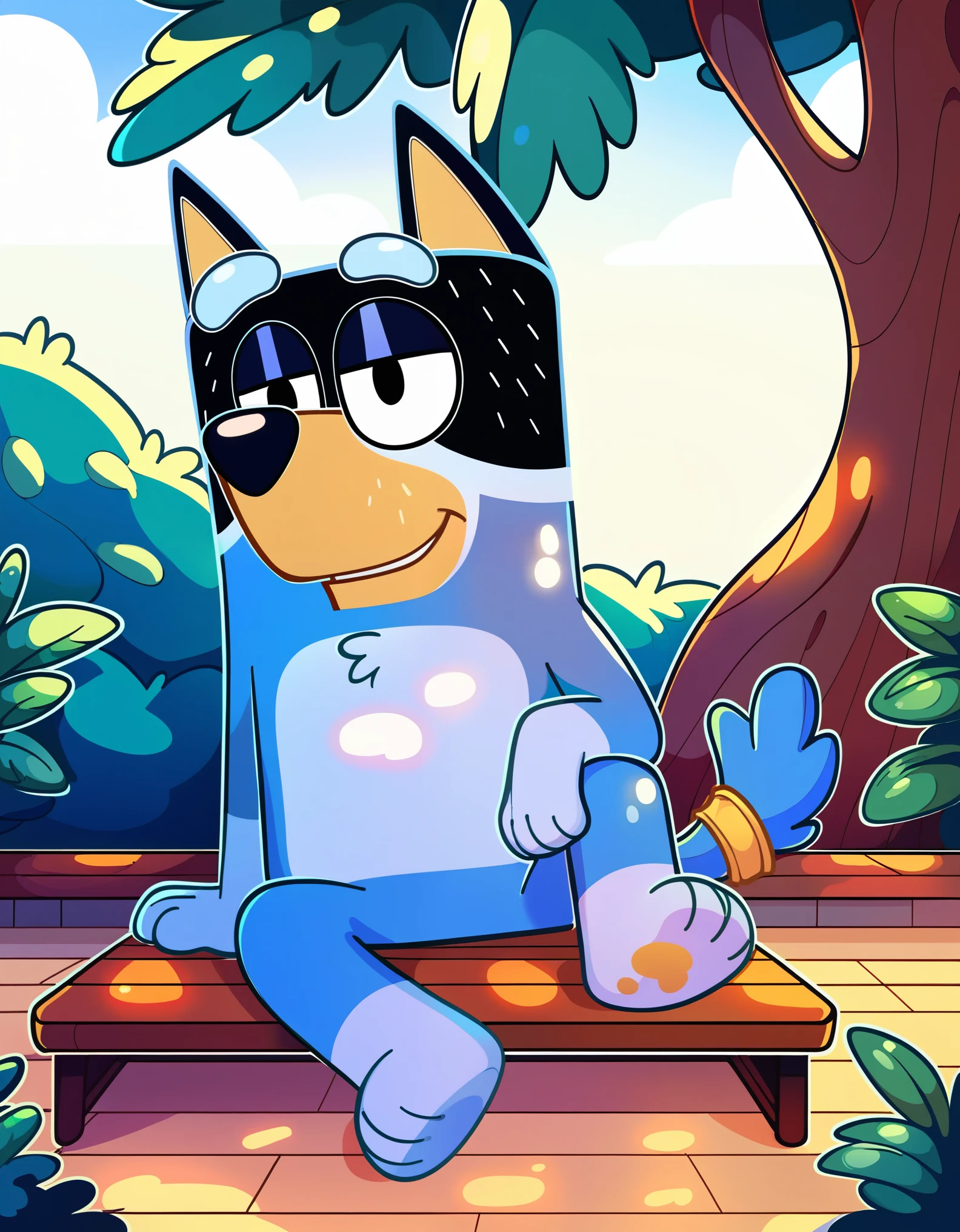 score_9, score_8_up, score_8, 1boy, solo, source_furry, blueyxl, bandit heeler, boxchibi, anthro, furry, tail, sly expression, blue body, brown belly, simple outdoor background, lazy