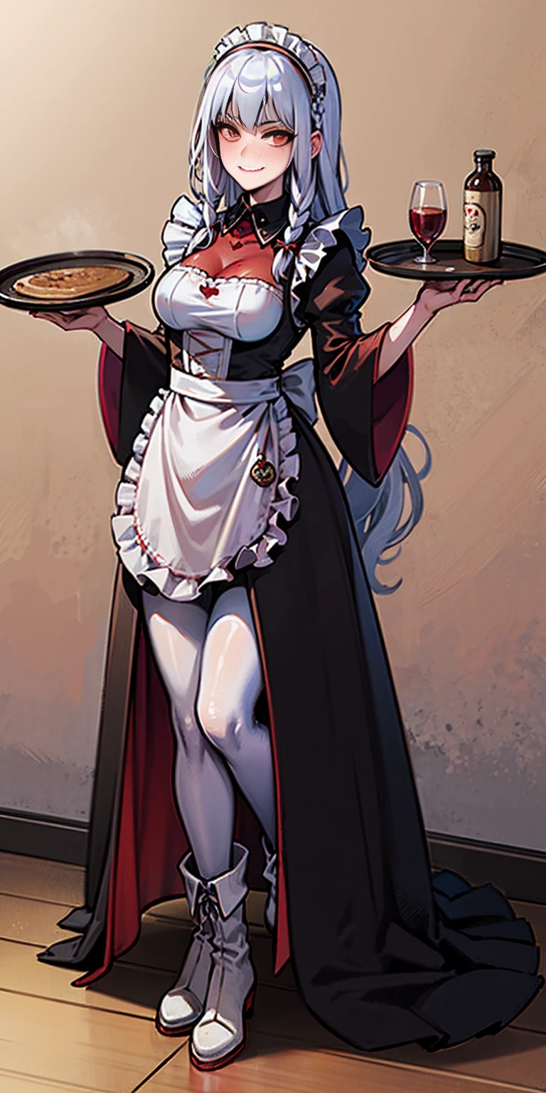 full body standing straight symmetrical, lustful smirking smile face red blush red cheeks, looking at viewer, holding tray, braid, maid headdress, maid, dress, apron, long sleeves, brown pantyhose, long leather militar boots, thighs, long white hair, masterpiece