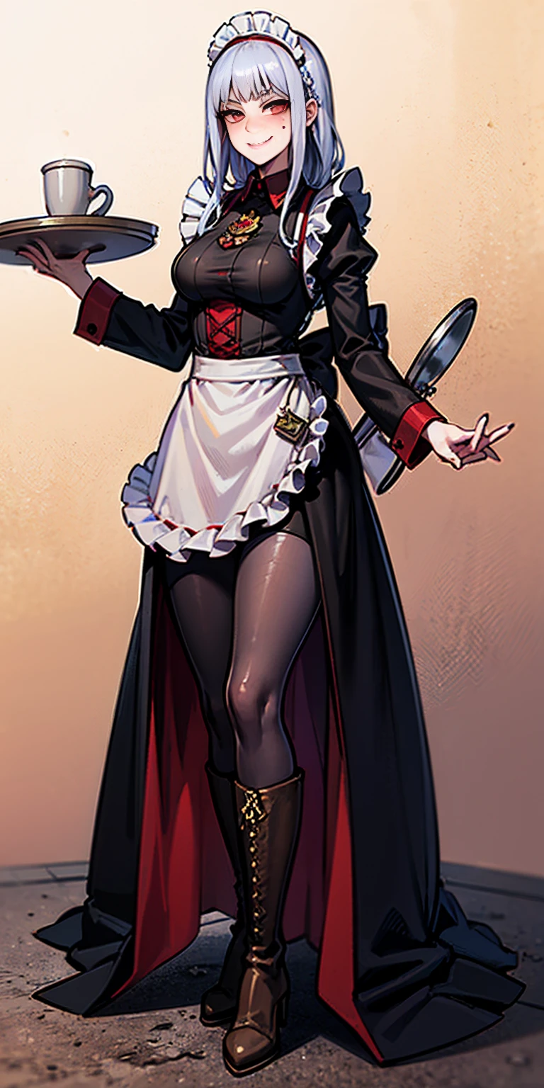 full body standing straight symmetrical, lustful smirking smile face red blush red cheeks, looking at viewer, holding tray, braid, maid headdress, maid, dress, apron, long sleeves, brown pantyhose, long leather militar boots, thighs, long white hair, masterpiece