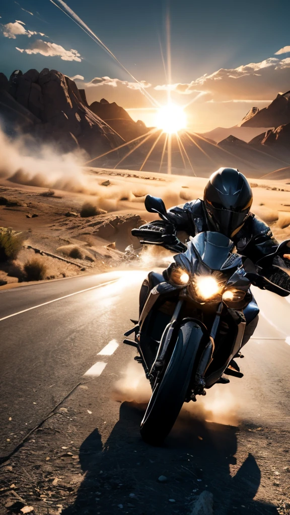 a high-speed motorcycle speeding through a desert landscape, dramatic motion blur, extremely detailed, photorealistic, 8k, hyperrealistic, cinematic lighting, winding road, dramatic clouds, sun glare, dynamic composition, speed lines, dust trails, intense adrenaline