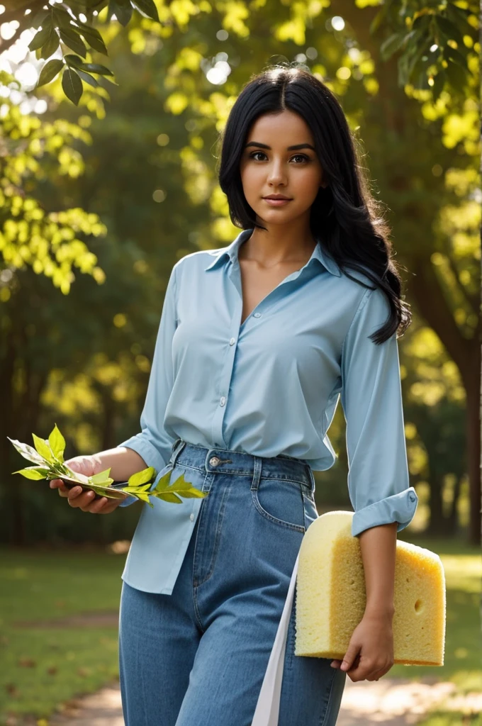 Create an image of a beautiful woman , dressed in a beige blouse and light blue pants , with long, leafy black hair, he carries a sponge cake in his hands and goes towards a man, he has good appearance, he has no hair, green eyes, he is dressed in a light blue shirt and blue jean pants. Behind the man there is a large leafy tree and the sky is blue sun rays illuminate woman's hair,
