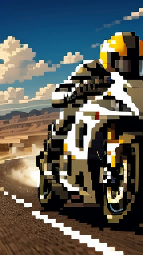 a high-speed motorcycle speeding through a desert landscape, dramatic motion blur, extremely detailed, photorealistic, 8k, hyperrealistic, cinematic lighting, winding road, dramatic clouds, sun glare, dynamic composition, speed lines, dust trails, intense adrenaline