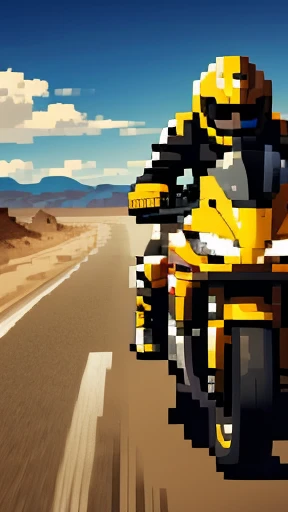 a high-speed motorcycle speeding through a desert landscape, dramatic motion blur, extremely detailed, photorealistic, 8k, hyperrealistic, cinematic lighting, winding road, dramatic clouds, sun glare, dynamic composition, speed lines, dust trails, intense adrenaline
