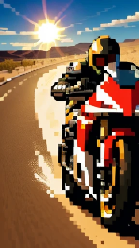 a high-speed motorcycle speeding through a desert landscape, dramatic motion blur, extremely detailed, photorealistic, 8k, hyperrealistic, cinematic lighting, winding road, dramatic clouds, sun glare, dynamic composition, speed lines, dust trails, intense adrenaline