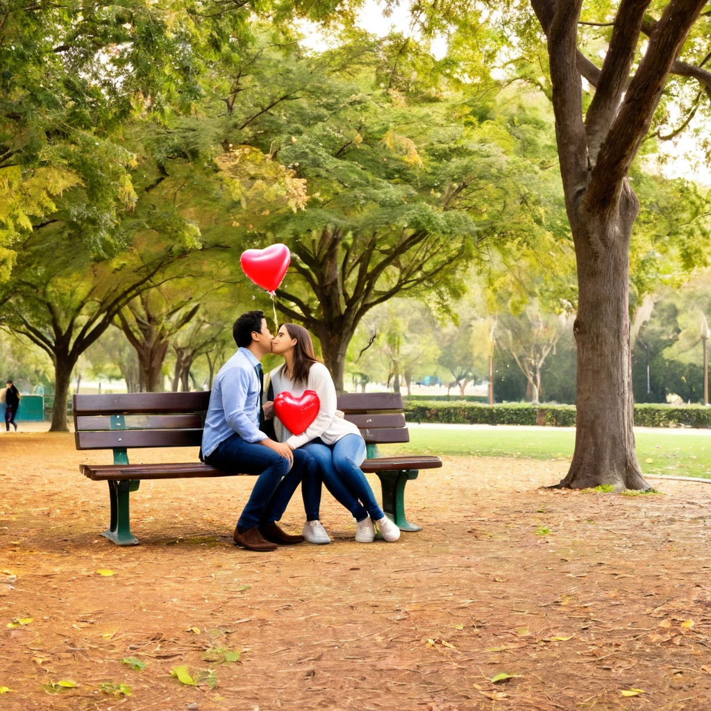 A romantic featuring a couple sitting on a park bench, sharing a tender kiss. The couple is dressed casually in matching outfits. The background showcases a serene park scene with trees and a pathway leading into the distance. The couple holds hands, and beside them on the bench is a heart-shaped balloon with the text '50 kisses' written on it, along with a small gift box and a picnic basket on the ground