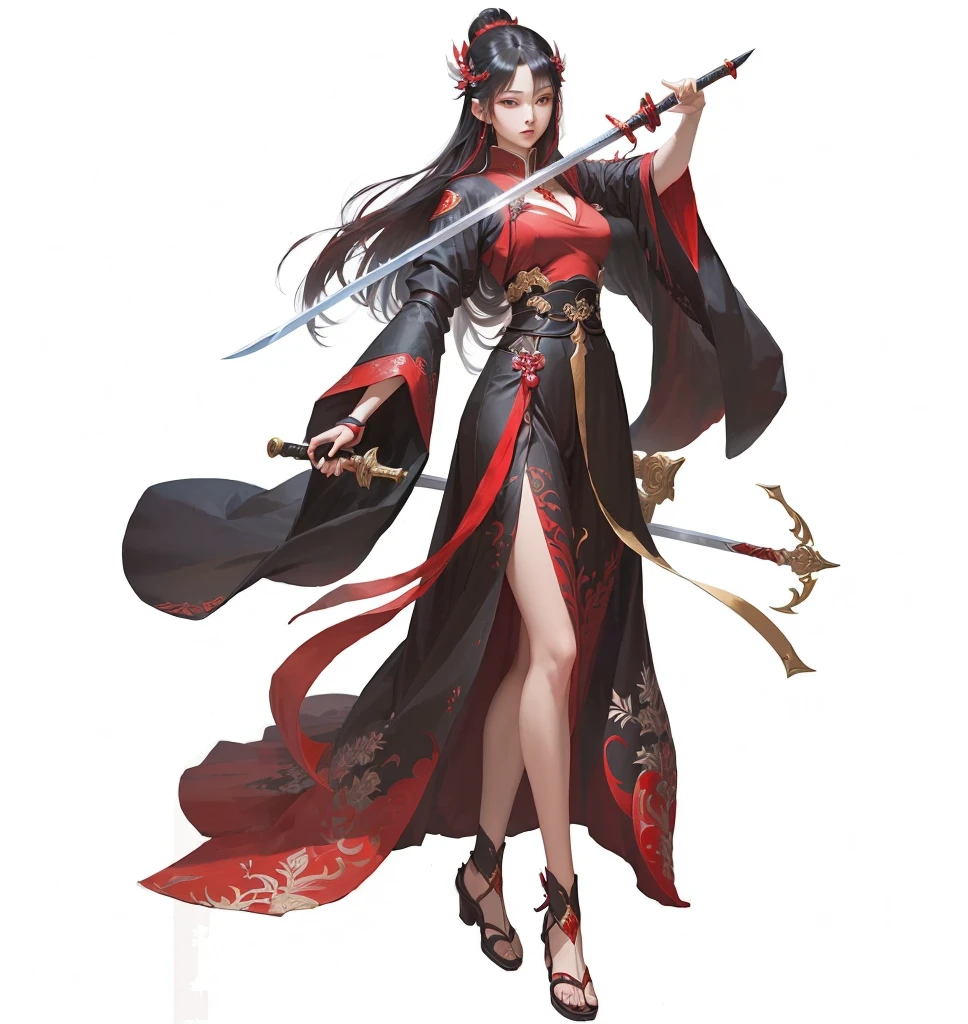 A woman in red holding a sword，Dressed in red, Full body fairy, Full body martial arts, Onmyoji detailed art, she is holding a sword, Inspired by Guillaume, heise jinyao, Inspiration from Du Qiong, 剑 zero video game character,Long Sword, xianxia hero